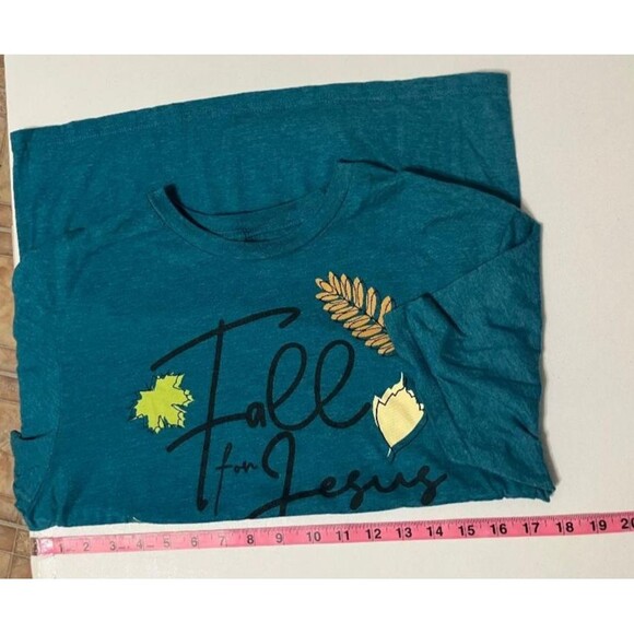Fall for Jesus He Never Leaves T-Shirt Unisex Sz Small Love in Faith Teal Green - Picture 4 of 6